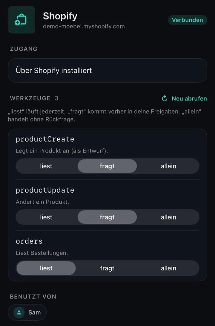 Verbindung zu Shopify in der Vorschau von The Office: Shop demo-moebel.myshopify.com, Status Verbunden, Zugang über Shopify installiert. Darunter drei Vorschau-Werkzeuge, jedes mit der Wahl liest, fragt oder allein: productCreate, „Legt ein Produkt an (als Entwurf)“, steht auf fragt, productUpdate, „Ändert ein Produkt“, steht auf fragt, orders, „Liest Bestellungen“, steht auf liest. Ganz unten: benutzt von Sam.